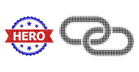 Halftone chain element icon, and bicolor grunge Hero stamp. Halftone chain element icon is made with small spheric points. Vector watermark with grunge bicolored style,