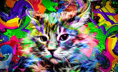 Poster Im Rahmen cat head with creative colorful abstract elements on light background color art © reznik_val