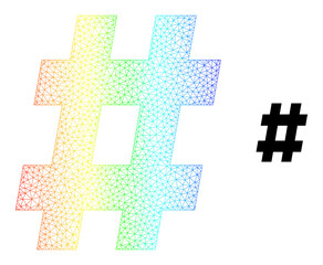Obraz premium Spectral colored network hashtag. Vector model is based on hashtag icon. Colored carcass polygonal icon.