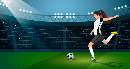 Young female, woman, girl, soccer, football player kick, shoot ball, penalty, pass, football field, shootout. Fan stand, team. Goal action, activity, professional sportswoman. Vector illustration