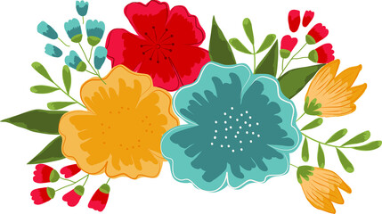 Stylized, abstract red, yellow and blue flowers. Vector illustration drawn by hands.