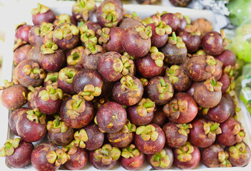 Many mangosteen fruit in the Vinh hai market of Nha Trang Vietnam