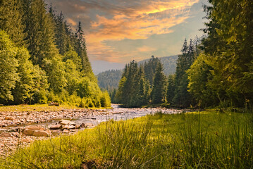 Mountain landscape, forest and river ahead at sunset in warm colors. beautiful scenario. warm...