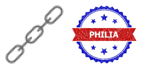 Halftone chain icon, and bicolor unclean Philia seal. Halftone chain icon is generated with small round pixels. Vector seal with unclean bicolored style,