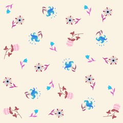 Delicate seamless floral ornament in bright blue, pink, brown tones on a cream background in vector. Natural print for fabric. Romantic pattern in retro style.