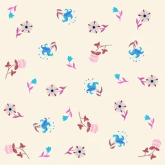 Badkamer foto achterwand Eenhoorns Delicate seamless floral ornament in bright blue, pink, brown tones on a cream background in vector. Natural print for fabric. Romantic pattern in retro style.