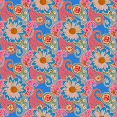 Fototapeta na wymiar Lovely seamless natural floral pattern with paisley and daisies. Joyful summer fabric print in ethnic style. Indian, Persian, Damascus, Turkish motifs.