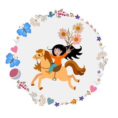 A little girl is riding a pony. Round frame of flowers, berries, ball, butterflies, hearts. Cute cartoon illustration in vector.