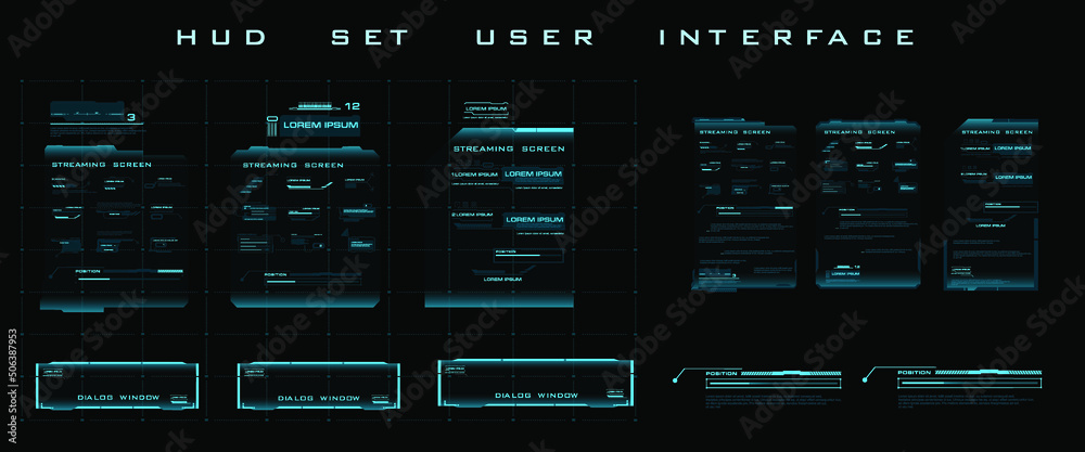 Poster digital streaming screen panel pc with hud, gui, ui neon holographic elements set. frames for text, 