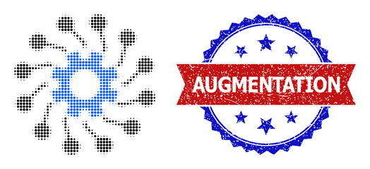 Halftone gear connections icon, and bicolor unclean Augmentation seal. Halftone gear connections icon is made with small circle points. Vector seal with scratched bicolored style,