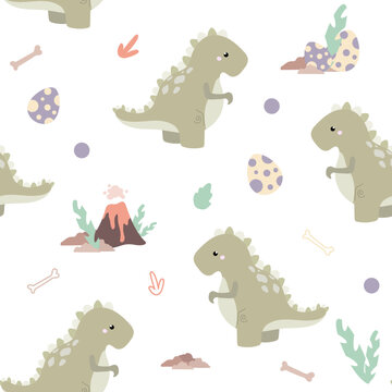 Seamless pattern with tyrannosaurs in cartoon style.