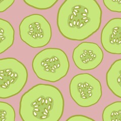 Green cucumbers hand drawn pattern. Seamless background pattern. Vegetables rustic illustration