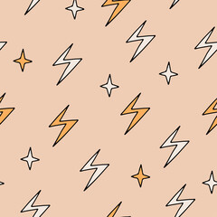Retro vector seamless pattern with lightning. Flat doodle design.