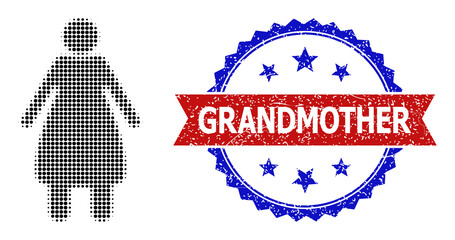 Halftone elder woman icon, and bicolor rubber Grandmother watermark. Halftone elder woman icon is constructed with small spheric dots. Vector watermark with scratched bicolored style,