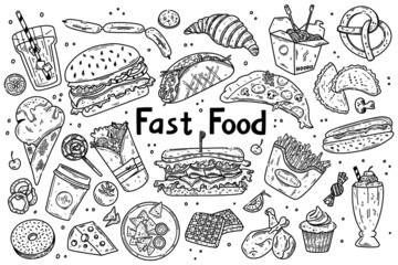 Fast food vector set illustration. Junk food in doodle style. Hand drawn collection of fast food