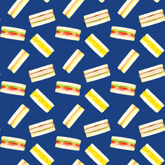 サンドイッチのシームレスパターン　手描き水彩イラストの食べ物柄テキスタイル
