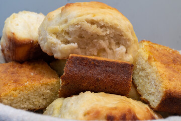 Yeast Rolls and Cornbread in a Basket for Serving 