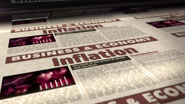 Inflation, economy, unemployment and rising prices daily newspaper report roll printing. Abstract concept 3d rendering seamless looped animation.