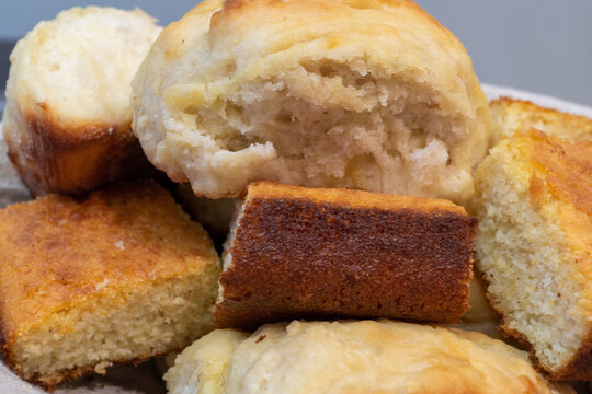 Yeast Rolls And Cornbread In A Basket For Serving 