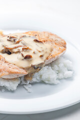 poultry meat with mushroom sauce and rice