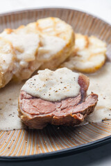 meat with creamy pepper sauce and karlsbad dumplings