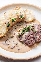meat with mushroom sauce and karlsbad dumplings