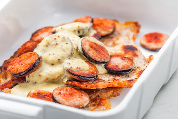 pork fillet with sausage and mustard sauce