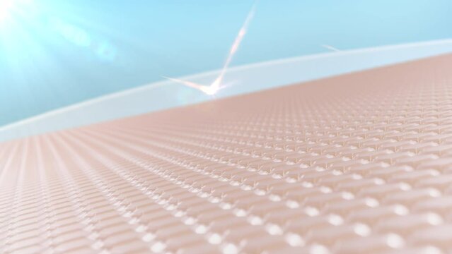 Animation Magic Serum through the skin layer and reduce up saggy skin of the skin cell. Serum drops into skin cells for UV protection, Ultraviolet shield reflect.3D cosmetics, skincare sunblock.