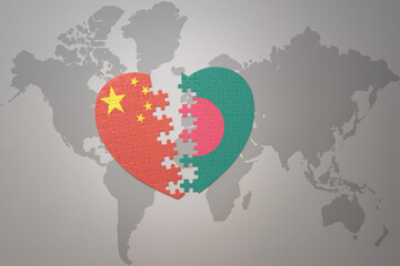 puzzle heart with the national flag of china and bangladesh on a world map background. Concept.