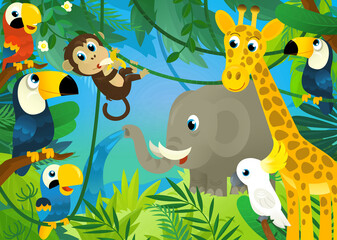 cartoon scene with jungle animals being together illustration