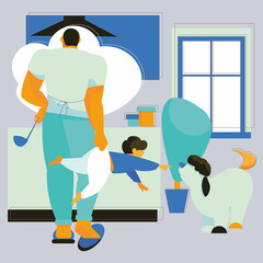 Dad cooks and looks after the kids