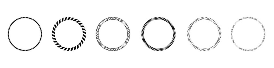 Round rope frames vector icon set. Cable circle shapes strength decorative vintage ropes illustration collection.