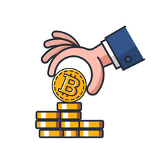 Colored thin icon of cryptocurrency coin with hand, business and finance concept vector illustration.