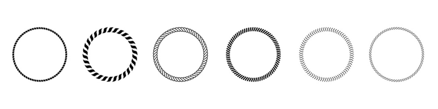 Round Rope Frames Vector Icon Set. Cable Circle Shapes Strength Decorative Vintage Ropes Illustration Collection.