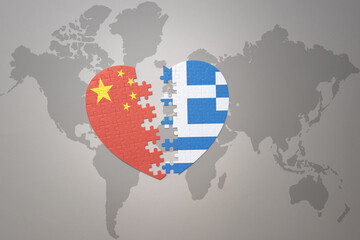 puzzle heart with the national flag of china and greece on a world map background. Concept.