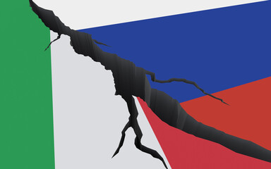 Flags of the Russian Federation and Italy on background of the cracks. Crisis in relations between countries. War, sanctions, conflict, embargo. 3d render