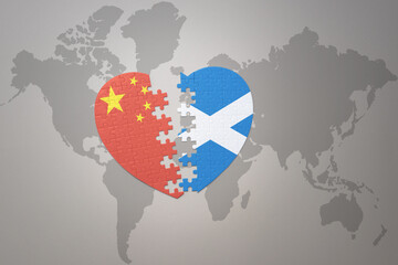 puzzle heart with the national flag of china and scotland on a world map background. Concept.