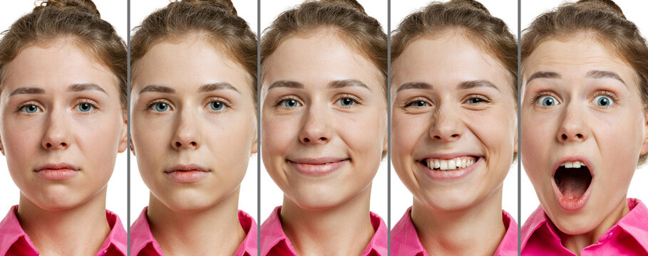 Set of young charming girl's portraits with different emotions. Closeup. Positive and negative facial expressions. Beauty, art, fashion