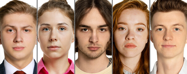 Obraz premium Set of close-up portraits of young serious girls and men on white background. Concept of human emotions, facial expression, sales.