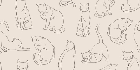 Vector seamless pattern with line silhouette of cats in different pose. In sketch style. Draft pattern for fabric, textile, wrapping paper, wallpaper, for design and decoration.