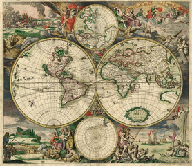 Fototapeta na wymiar Antique World Map in Hemispheres 1689. Raster vintage illustration.