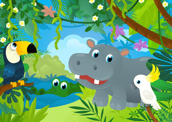 Fototapeta na wymiar cartoon scene with jungle animals being together illustration