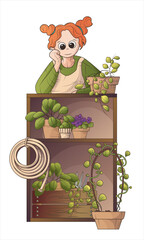 Vector garden illustration with a girl, houseplants and garden elements on the shelves. Indoor plants, tools, hose. Cartoon style. For website design, garden shop design, children's book design, card.