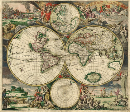 Antique World Map in Hemispheres 1689. Raster vintage illustration.
