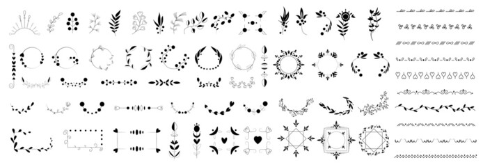 Floral ornament,hand-painted antique jewelry. Calligraphic divider wreath, frames, laurel leaves, ornament, reward, arrows. Big vector illustration isolated white background