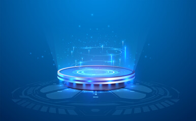Circle portals, teleport, hologram gadget. Blank display, stage or magic portal, podium for show product in futuristic cyberpunk or hud style. Sky-fi digital hi-tech elements for presentation product. - obrazy, fototapety, plakaty