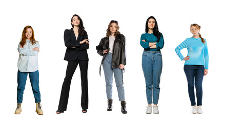 Set of full-length portraits of young women standing together isolated over white background. Horizontal flyer, banner. Models in casual style clothes