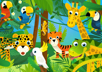 cartoon scene with jungle animals being together illustration
