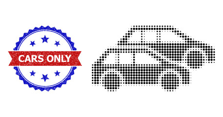 Halftone cars icon, and bicolor dirty Cars Only seal. Halftone cars icon is constructed with small round dots. Vector seal with distress bicolored style,