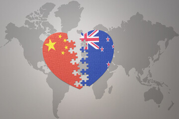 puzzle heart with the national flag of china and new zealand on a world map background. Concept.